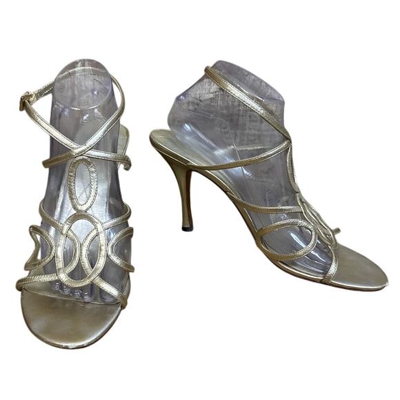 Max Studio Strappy Stiletto Heels Champagne Gold Leather Size 10 - Picture 1 of 12